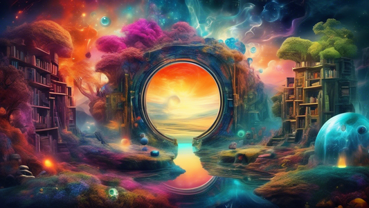 A surreal and imaginative world filled with portals representing different literary genres, each leading to a unique landscape and atmosphere that captures the essence of the genre. The portals are su