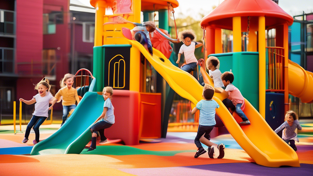 A group of children playing together on a colorful playground, symbolizing the playful and interactive nature of social success. The playground equipment, such as slides and swings, represents differe