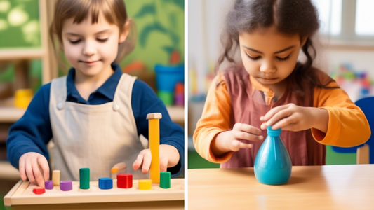 A split-screen image showcasing the contrasting teaching methods between Montessori (left) and Waldorf (right) education. On the left, depict children engaging in practical, hands-on activities, such 