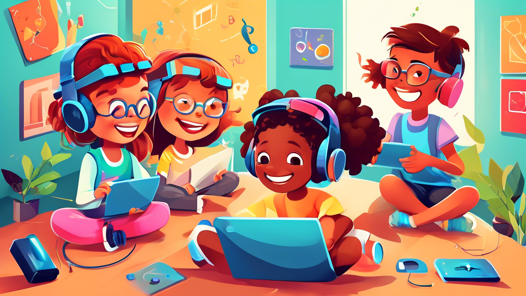 A joyful illustration of children using a computer program with interactive tools like touch, sound, and virtual reality, exploring educational content in a captivating and immersive way.