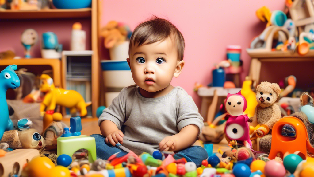 Create an image of a toddler surrounded by various objects and toys, displaying a sense of curiosity and exploration. The scene should capture the toddler's wide-eyed wonder and eagerness to engage with the world around them. Include colorful and int