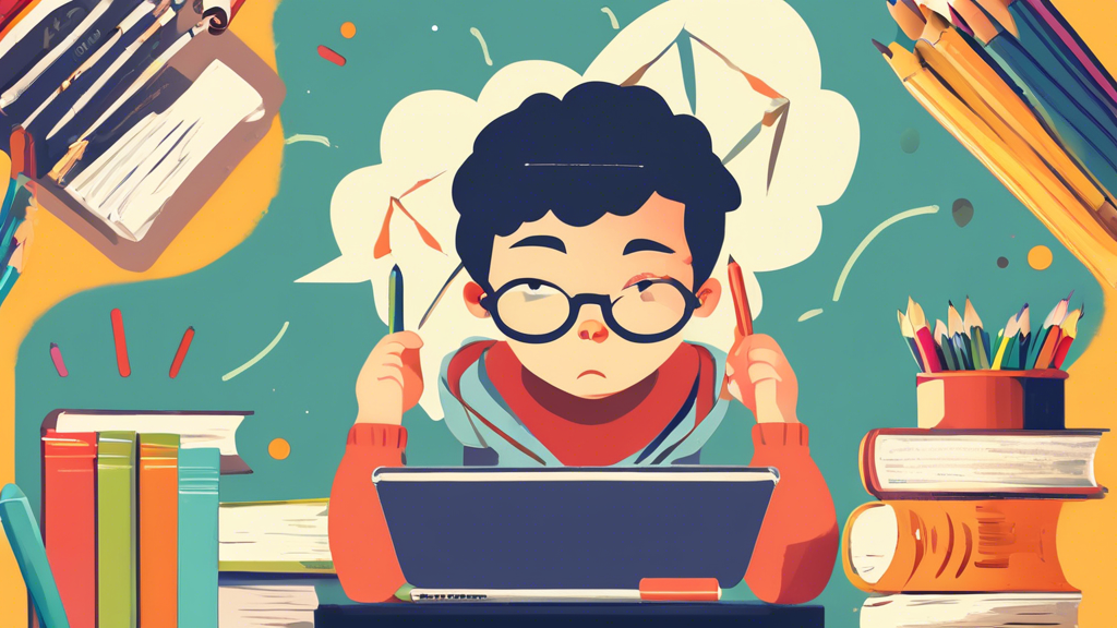A young student sitting at a desk, surrounded by books and pencils, with a thought bubble above their head containing the words Growth Mindset. The student is looking determined and focused.