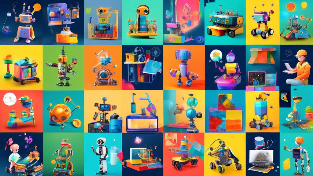 A colorful and vibrant collage of images representing different STEAM concepts and activities for kids: kids building robots, programming computers, experimenting with science kits, designing and crea