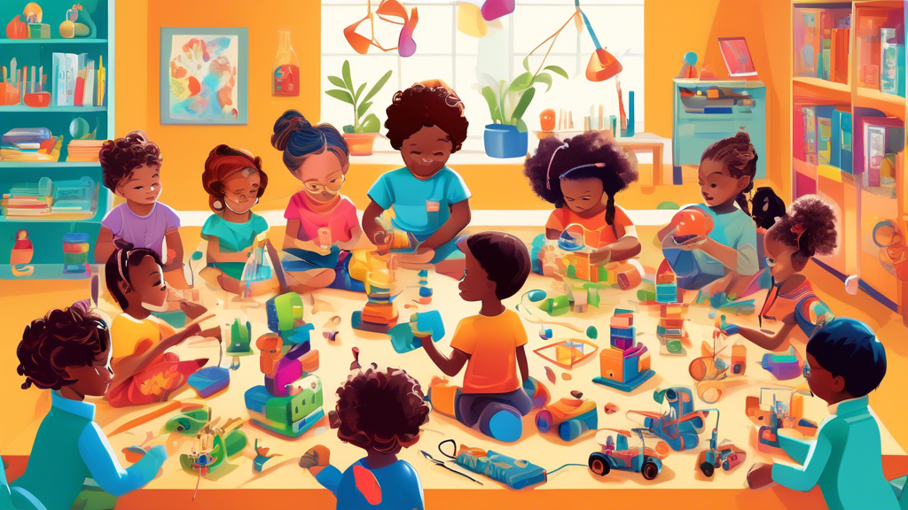 Create an image of a diverse group of children engaged in hands-on STEM activities at home, surrounded by a variety of educational toys and materials. Each child is working on a different STEM project, showcasing the endless possibilities for learnin