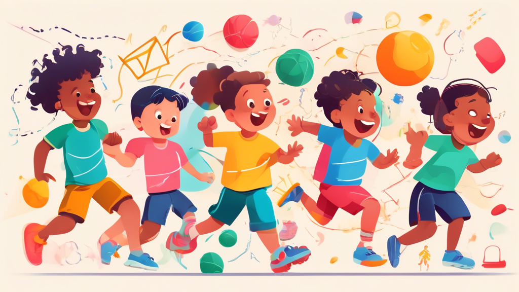 Create an image of children engaged in playful physical activities that illustrate the principles of kinesthetic learning for cognitive growth, showcasing the integration of movement, problem-solving,