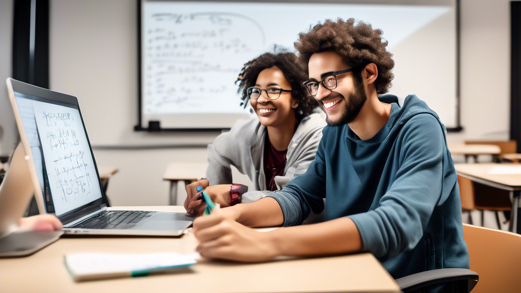 A student sitting at a computer with a tutor on the screen, working together on a math problem. The tutor is using a digital whiteboard to explain the problem, and the student is taking notes. The stu