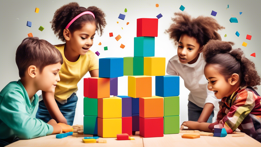 A group of children working together to build a tower out of colorful blocks, with a thought bubble above their heads containing the phrase Growth Mindset