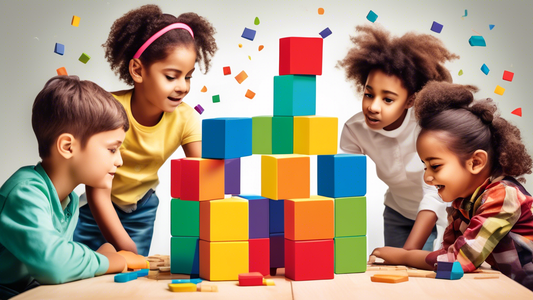 A group of children working together to build a tower out of colorful blocks, with a thought bubble above their heads containing the phrase Growth Mindset