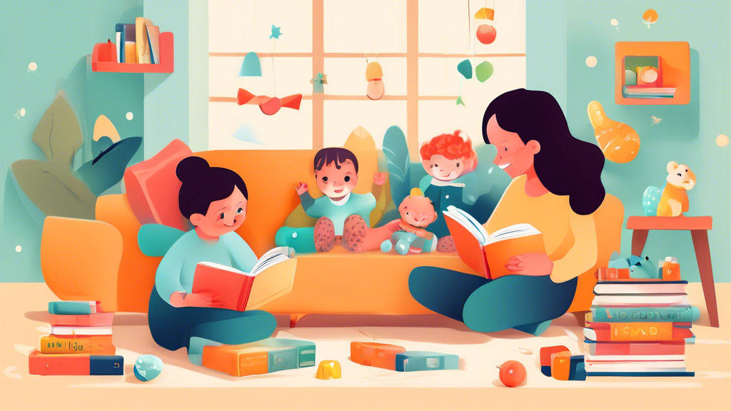 An illustration of a cozy and stimulating environment for infants, with books, toys, and caregivers engaging in interactive reading and playful activities, to promote early literacy development.