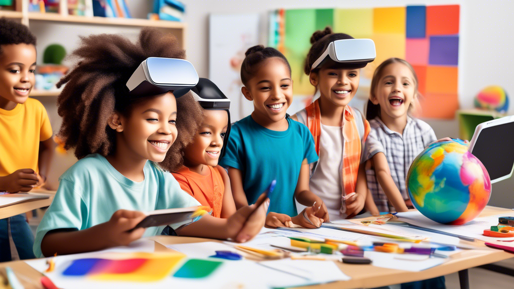 Create a vibrant and engaging image of a group of children interacting with a variety of educational and interactive learning tools, such as interactive whiteboards, educational apps, virtual reality 