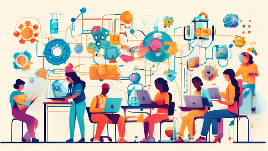 An illustration of a diverse group of students of all ages and backgrounds engaged in various STEM learning activities, such as coding, robotics, and scientific experiments. The image should convey th