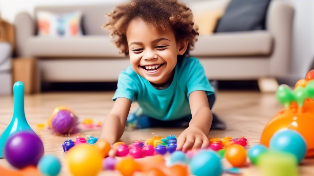 A child playing with various sensory toys, such as a fidget spinner, stress ball, and slime, while smiling and looking engaged. The toys should be colorful and visually appealing. The overall tone of 