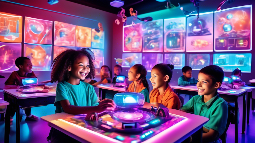 A vibrant and futuristic classroom where children are engaged in interactive learning experiences using cutting-edge educational platforms. The classroom is filled with colorful displays, holographic 