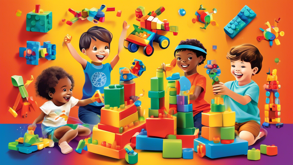 Create an image of children enthusiastically playing with a variety of interactive STEM toys, showcasing the joy and engagement that comes from hands-on learning experiences. Include colorful building blocks, robotic kits, science experiments, and pu