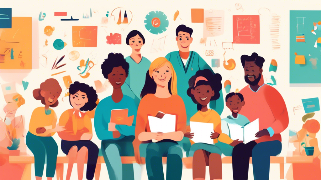 An illustration of a group of diverse families working together with a diverse group of teachers in a school setting to promote cognitive growth in children, with a focus on collaboration and shared g