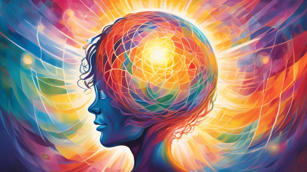 A vibrant and ethereal illustration depicting the transformative power of positive self-talk. A person's mind is represented as a radiant sphere, interwoven with positive affirmations and uplifting th