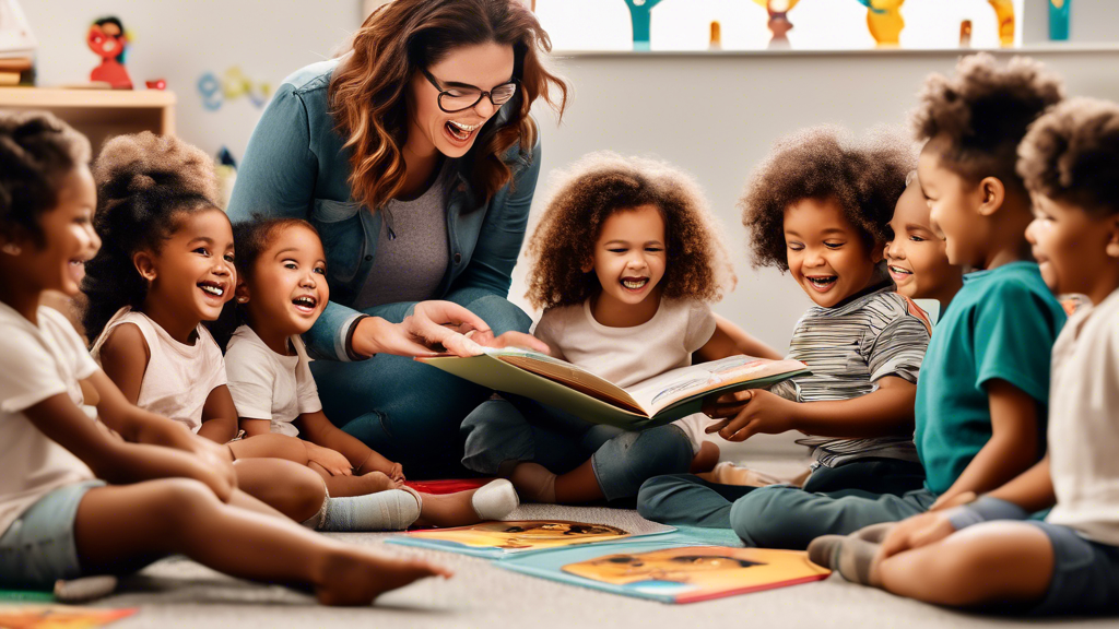 A group of preschoolers sitting in a circle on the floor, engaged in interactive reading activities with a smiling teacher. The children are laughing, pointing, and engaging with the book, while the t