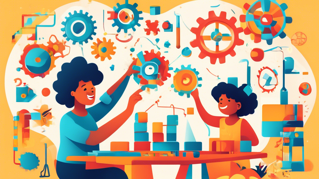 An illustration of a parent and child working together on a science project, surrounded by colorful blocks, gears, and other creative materials, conveying a sense of fun, learning, and bonding.