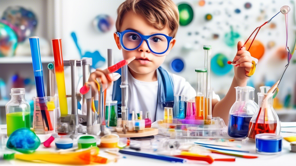A young child with a curious expression, hands-on experimenting with a DIY science kit, surrounded by various scientific tools and colorful materials, conveying the excitement and engagement of hands-