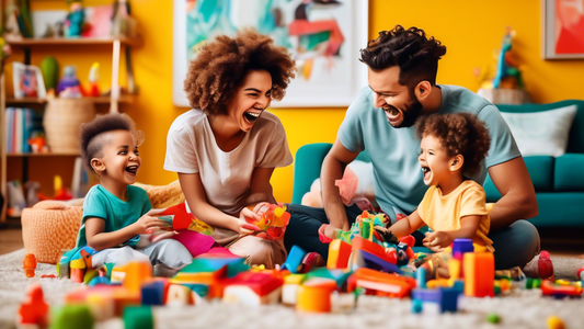 A family of three laughing and playing together in a bright and colorful living room, surrounded by toys and educational games.