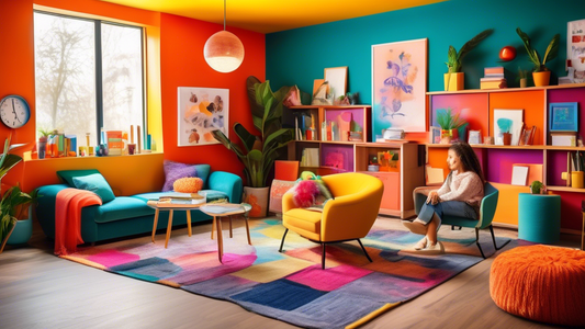 A vibrant and inviting home learning environment with colorful walls, comfortable seating, and stimulating textures and scents that promote multisensory engagement and enhance learning.