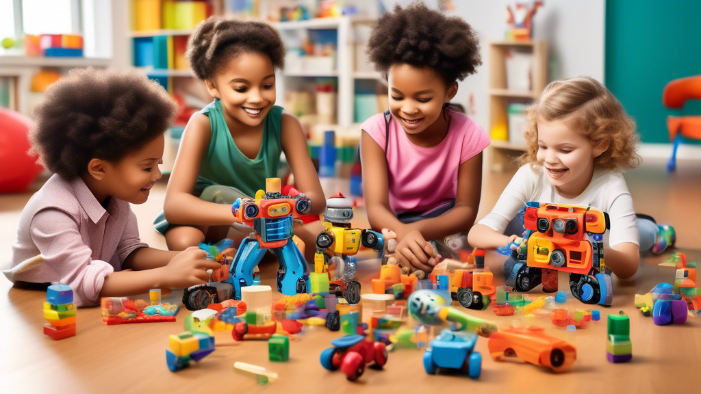 Create an image of a diverse group of children playing with various STEM toys, such as building blocks, robotics kits, and experiment sets, in a colorful and engaging playroom setting. Show the children's expressions of curiosity and excitement as th