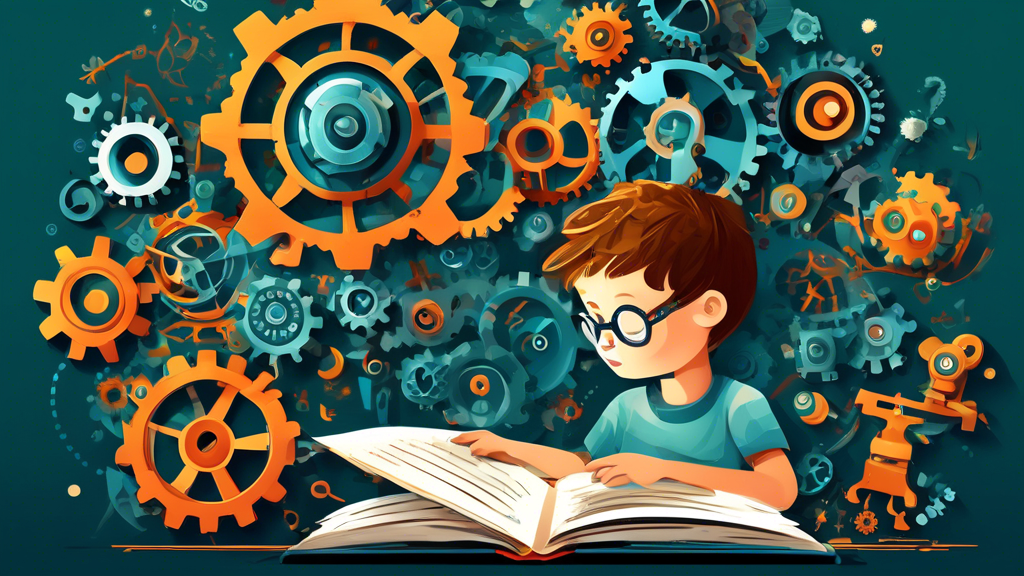 An illustration of a child reading a book with gears, cogs, and other mechanical elements surrounding them, to represent the integration of science, technology, engineering, art, and math in learning.