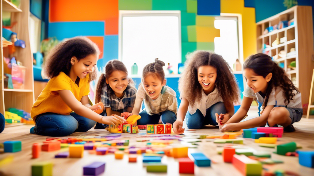 A vibrant and playful classroom scene where children are engaged in various math games, such as counting blocks, solving puzzles, and playing math-themed board games, with a focus on the positive impa