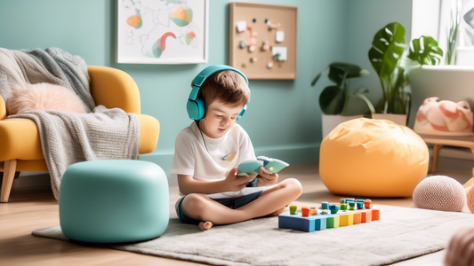 Create a cozy and inviting sensory-friendly learning space for a child with autism, featuring elements such as calming colors, soft textures, natural light, noise-canceling headphones, and a fidget to