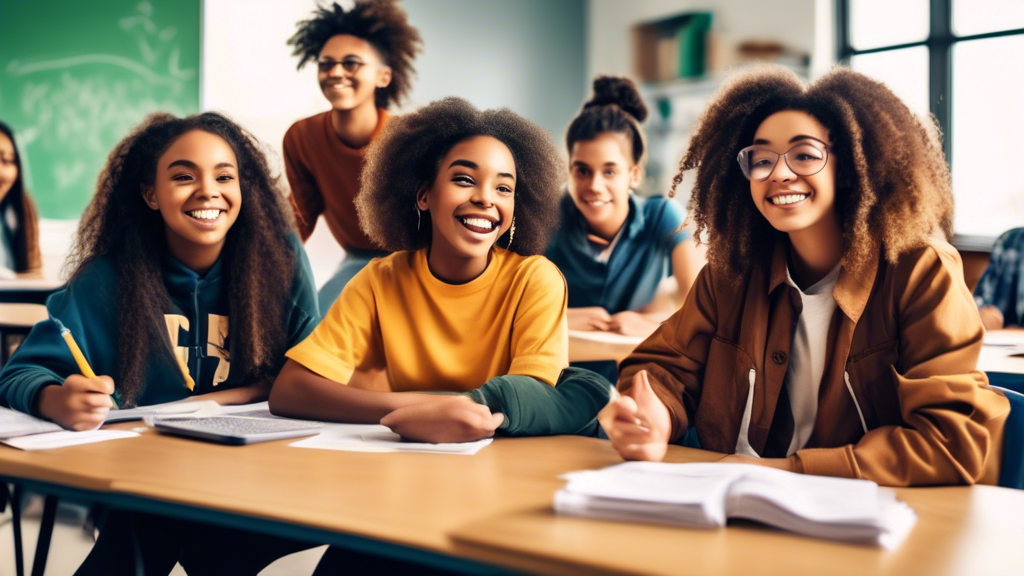 A group of diverse teenagers sitting in a classroom, learning about personal finance and financial literacy. They are engaged and excited to learn about money management, investing, and building wealt