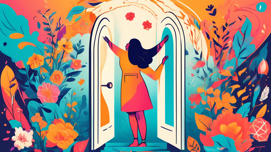 A vibrant and dynamic illustration that captures the essence of unleashing confidence and embracing a growth mindset. Depict individuals breaking free from mental barriers, surrounded by symbols of pe