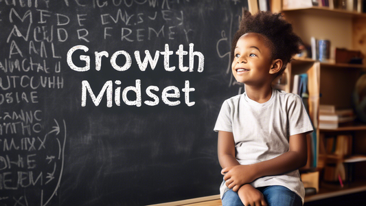 A young child sitting at a desk, looking up at a blackboard with the words Growth Mindset written on it. The child is smiling and has a look of determination on their face.