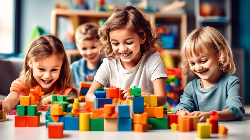 A creative and educational scene depicting a group of children engaged in various cognitive development activities, such as building blocks, solving puzzles, reading, and imaginative play. The childre