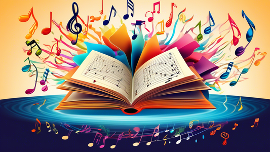A vibrant and surreal illustration of a floating book with musical notes swirling around it, representing the harmonious integration of music and reading for enhanced learning.