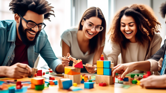 A group of adults engaging in playful and interactive learning activities, such as building with blocks, drawing, or playing board games, in a collaborative and joyful environment that fosters creativ