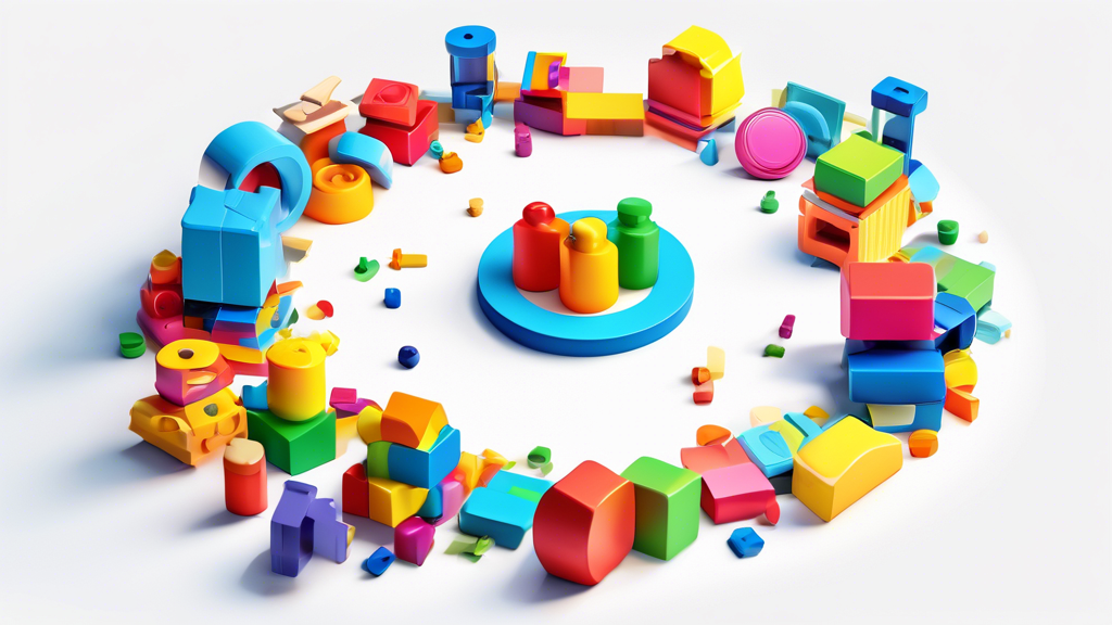 A colorful 3D illustration of various interactive toys scattered around, arranged in a circular shape on a white background. The toys range in size and function, including building blocks, puzzles, sh