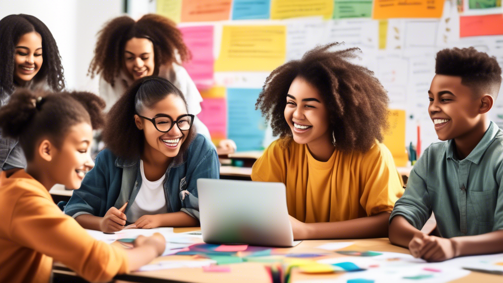 A classroom of diverse students engaged in collaborative learning activities, surrounded by motivational quotes and posters that foster a growth mindset. The students are smiling, confident, and eager