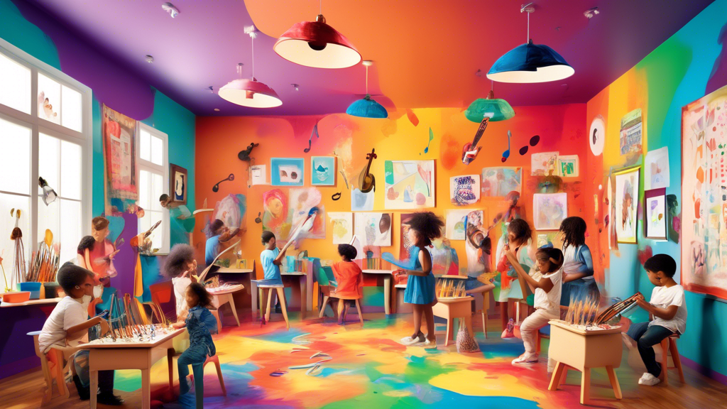 A diverse group of children of all ages gathered in a colorful classroom, engaged in various creative activities such as painting, drawing, building, and exploring music instruments. The atmosphere is