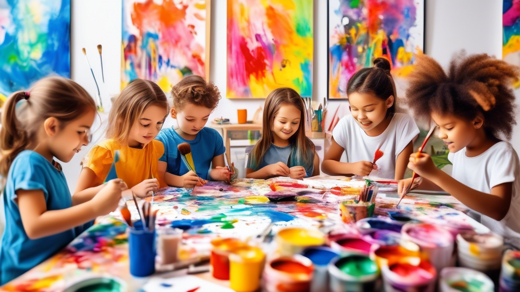 Create an image of a group of young children sitting around a table covered in colorful paints, brushes, and various art supplies, happily working on their own unique art projects. The room is filled with vibrant artwork hanging on the walls, and the