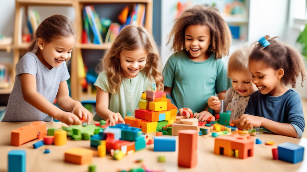 A group of preschoolers gathered around a table, engaged in interactive STEM activities such as building with blocks, experimenting with magnets, or exploring different textures and materials. The chi