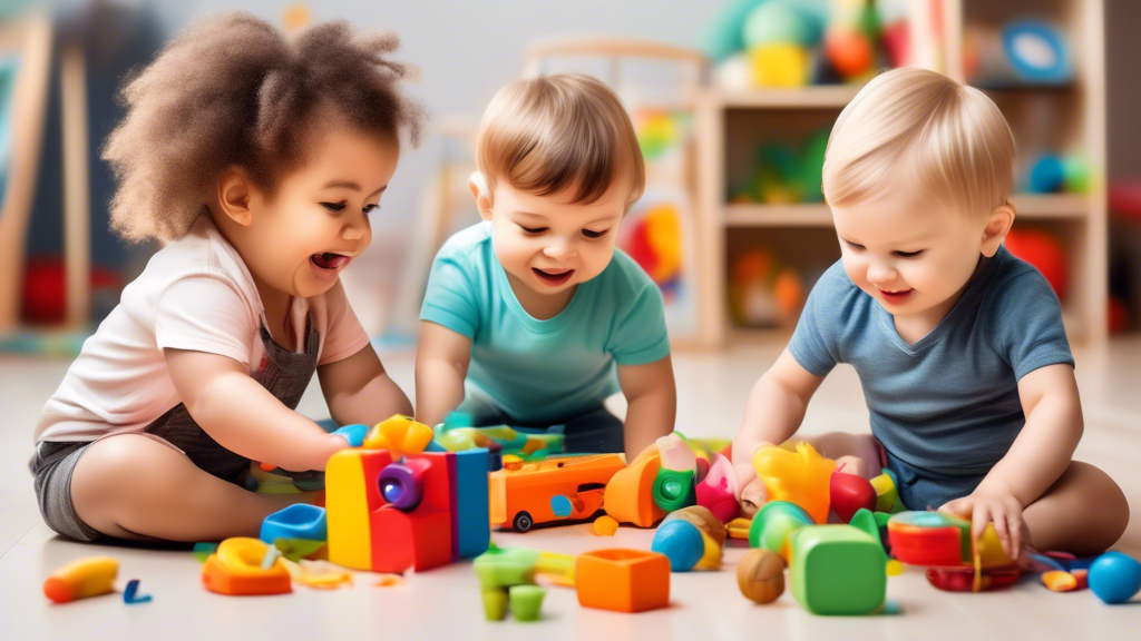 A photorealistic image of toddlers joyfully exploring and playing with a variety of colorful and interactive toys in a nurturing and stimulating environment that fosters their cognitive, social, emoti
