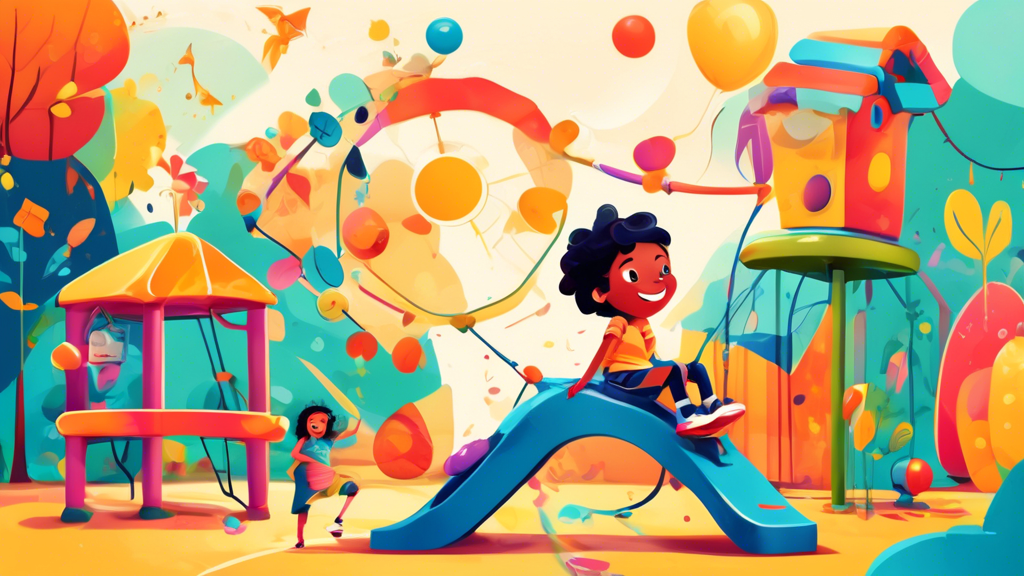 A whimsical illustration of a child playing on a playground, surrounded by vibrant colors and imaginative elements that represent the playful and engaging nature of innovative learning methods.