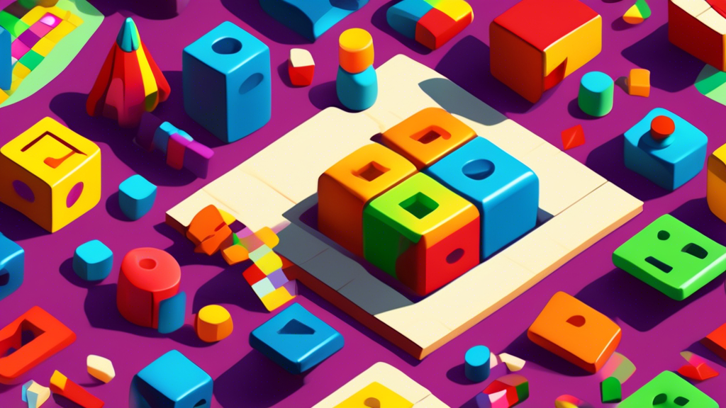 Create an image of a colorful array of brain-teasing toys scattered on a table, such as Rubik's Cubes, logic puzzles, maze games, and Tangram puzzles. Each toy should be intricately designed to challenge the mind and spark critical thinking skills in