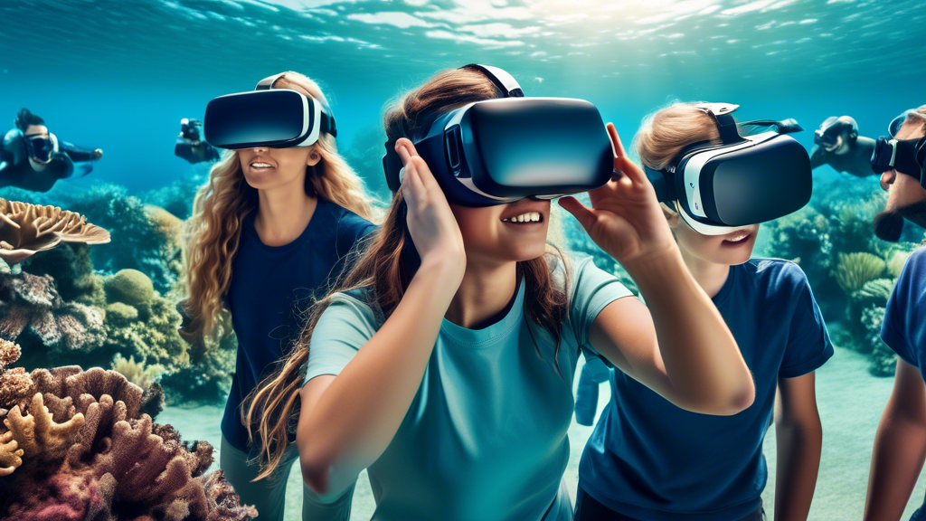 A group of students wearing virtual reality headsets, exploring a 360-degree image of the Great Barrier Reef, with a teacher guiding them through the experience.