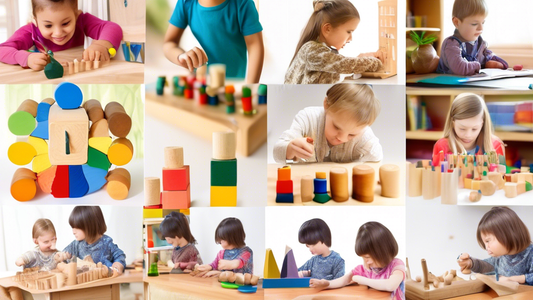 A collage of images representing Montessori and Waldorf educational methods, contrasting their approaches to cognitive growth. Montessori: bright, organized classrooms with hands-on materials and indi