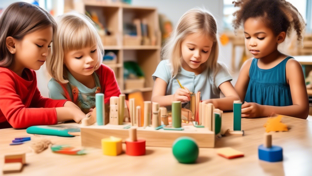 A classroom scene where children are engaged in activities that foster English language development, incorporating elements of both the Montessori and Waldorf educational approaches, such as hands-on 