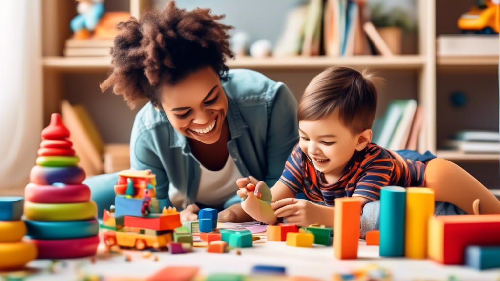 A child and parent engaged in a playful learning activity, surrounded by books and toys, showcasing the positive impact of parent involvement on cognitive growth.