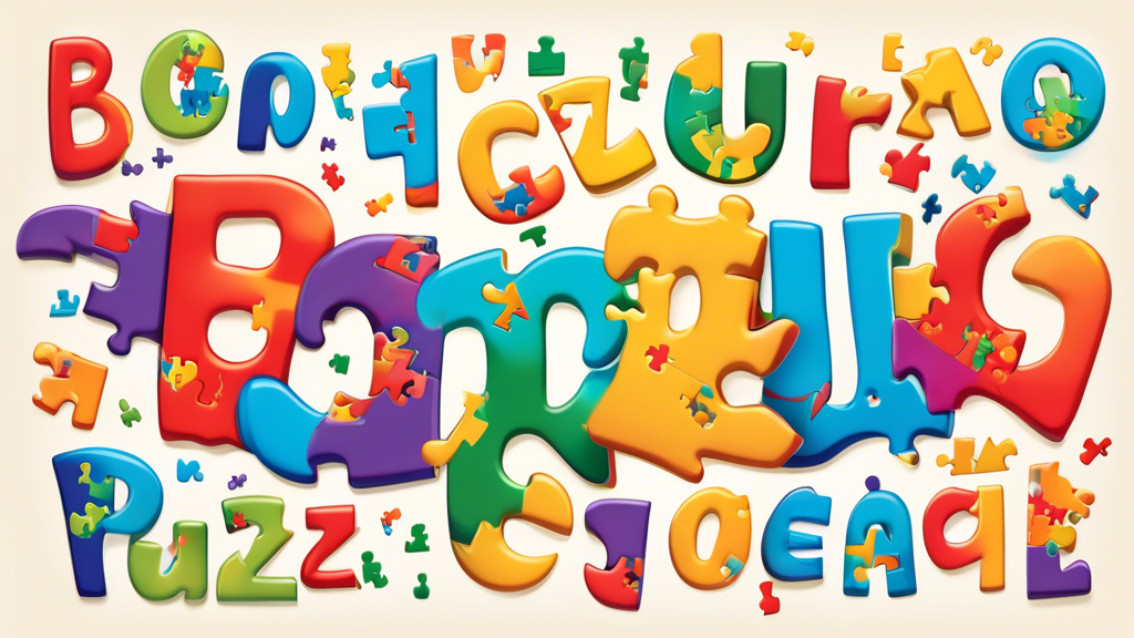 Create an image of colorful puzzle pieces forming words in different languages, such as Bonjour in French, Hola in Spanish, and Ciao in Italian, with excited and engaged children surrounding the puzzle. The image should convey a sense of fun and lear