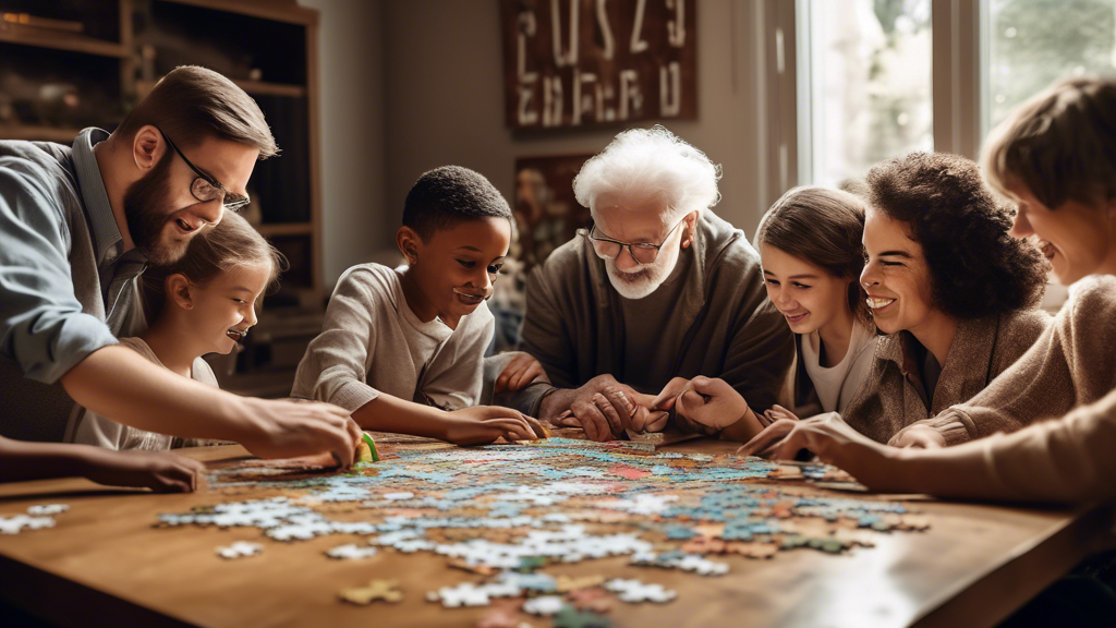 A group of people of all ages and backgrounds gathered around a table, working together to solve a puzzle. The atmosphere is one of excitement and camaraderie, as they work together to find the soluti