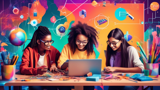 A group of diverse teenagers collaborating on a STEM project using interactive tools, surrounded by a colorful and engaging environment that sparks curiosity and inspires their creativity.